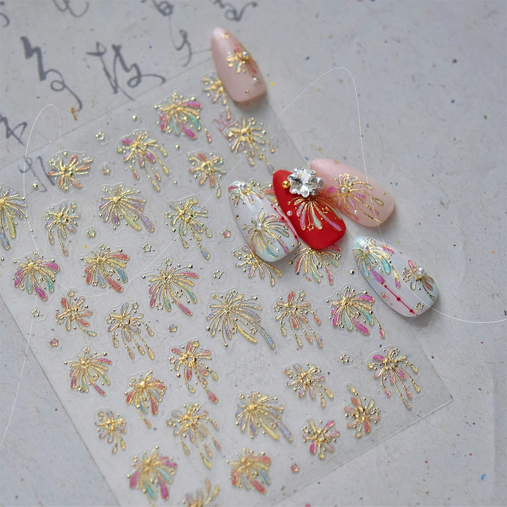 1Pcs 5D New Year Firework Nail Stickers Romantic Starry Sky Bright Firework Self-Adhesive Nail Decals for Festival Nails Slider