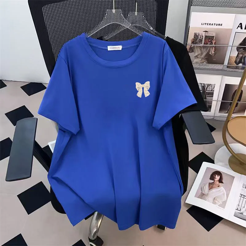 

170Kg Plus Size Women's Bust 170 Summer Loose Short Sleeve Round Neck Bow T-Shirt 4XL 5XL 6XL 7XL 8XL 9XL