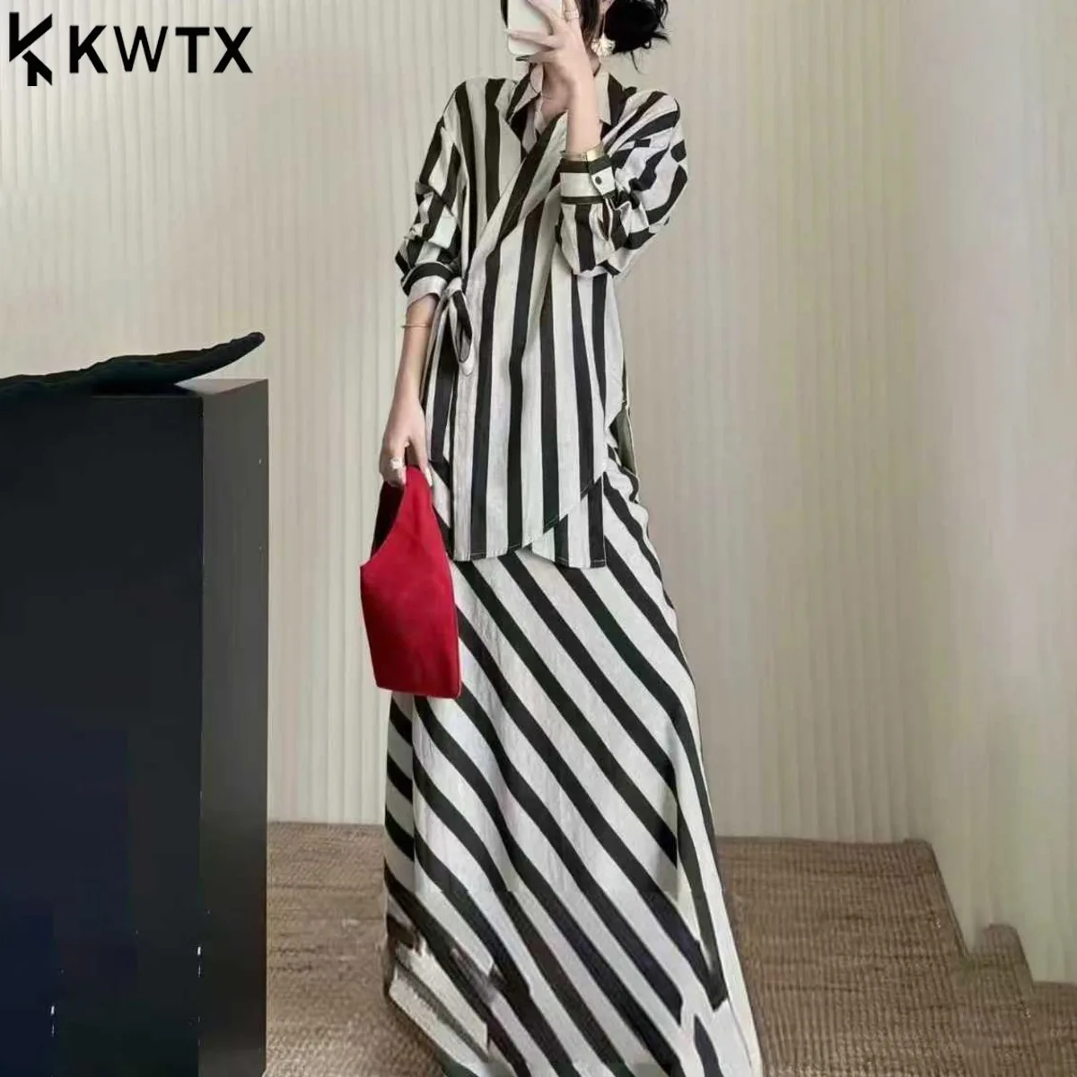 

KWTX Early Fall 2025 Chic Asymmetric Hem Shirt With Side Tie & Skirt Set Designer Stripe Two Piece Outfit Elegant Office Wear