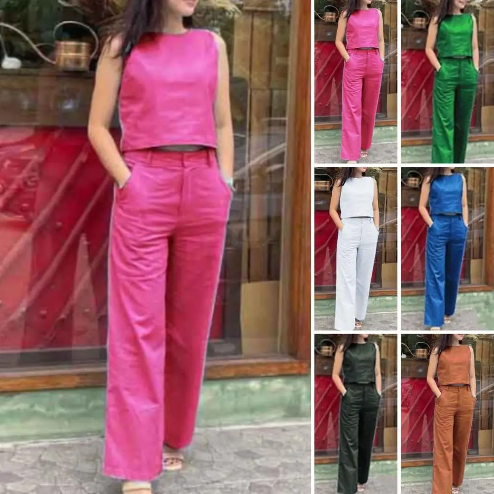 M-4XL 2 Pieces Sets for Women Summer O-Neck Sleeveless Crop Tops High Waist Pockets Wide Leg Long Pants Solid Color Lady Outfit