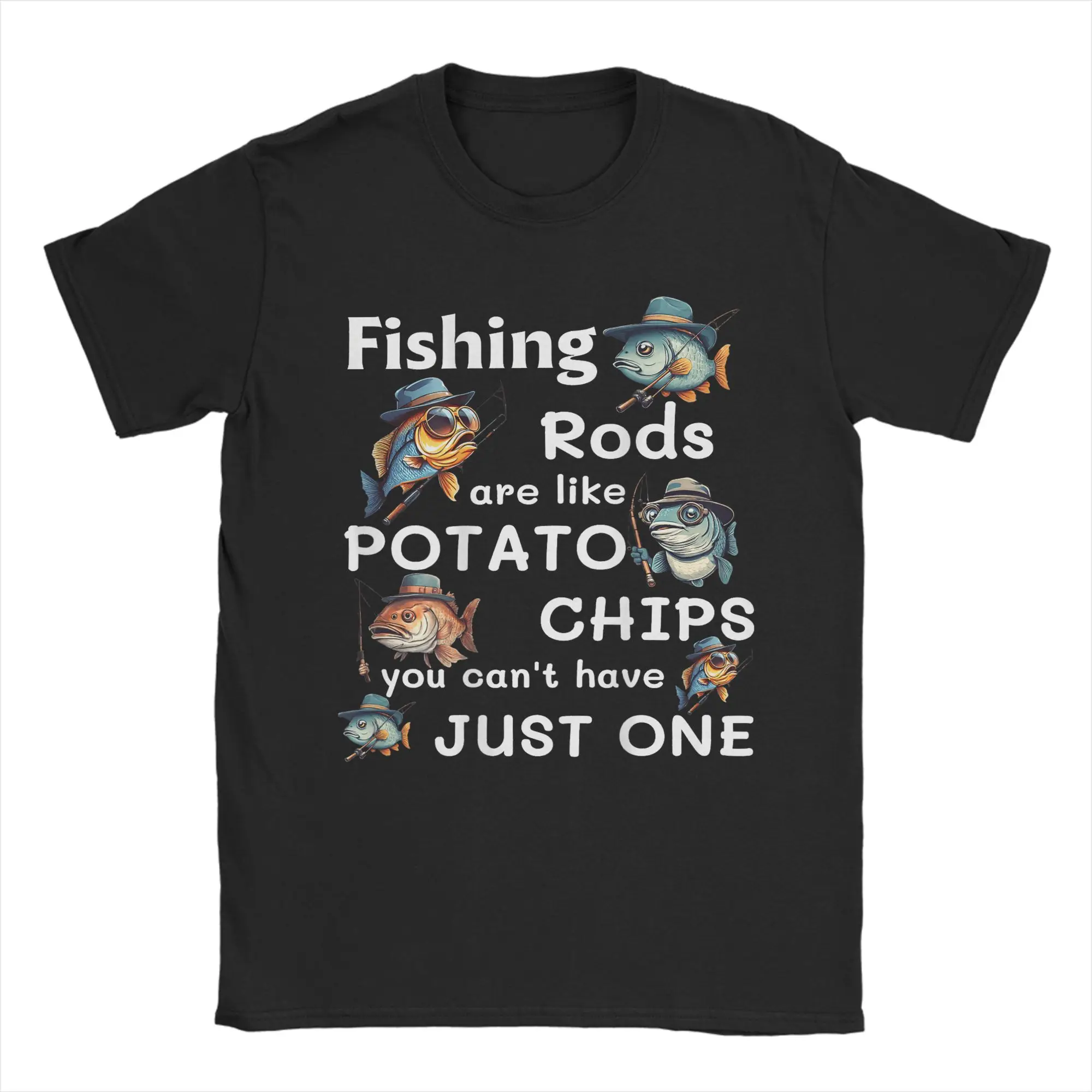 Men's Fishing Rods Are Like Potato Chips T Shirts  Cotton Tops Humorous Short Sleeve Round Collar Tee Shirt Printed T-Shirt