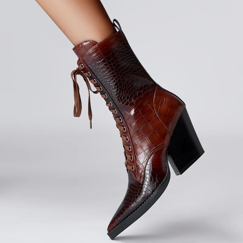 New Retro Pointed Toe Ankle Boots Women Thick High Heels Western Boots Side Zipper Knight Boots Women Fashion Botines Mujer