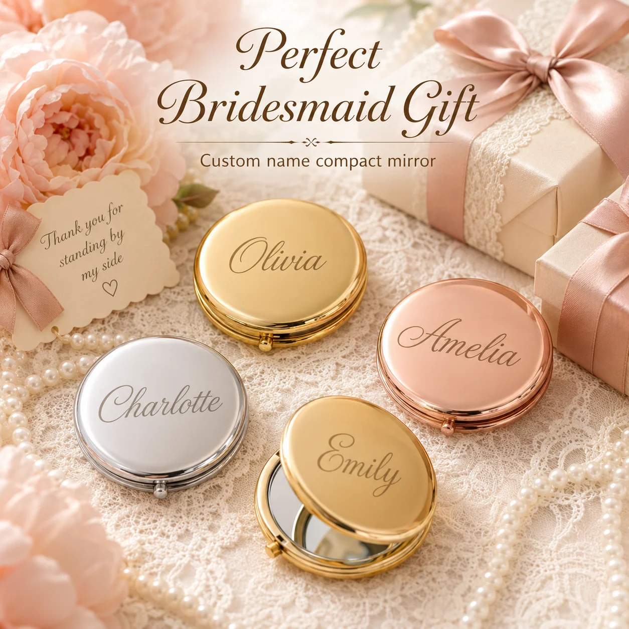 1Pc Custom Personalized Portable Small Mirror, Makeup Mirror with Engraved Initials, Luxurious Bridesmaid Gift, Custom Gold/Silver/Rose Gold Pocket Mirror for Weddings, a Great Gift for Her