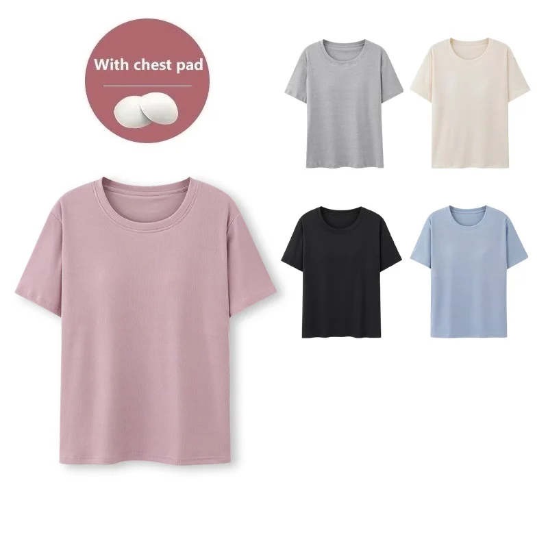 With Chest Pads Ice Silk Sleep Tops Female Short Sleeve Home Pajamas Solid Color Summer O-Neck Tops Casual Sleepwear Pijamas