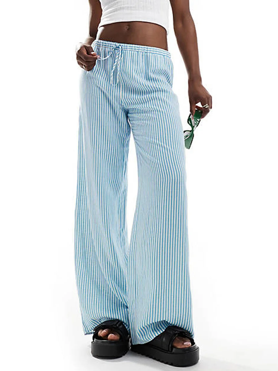 Women Straight Wide Leg Pants Casual Elastic Waist Striped Print Pants Pull-on Trousers