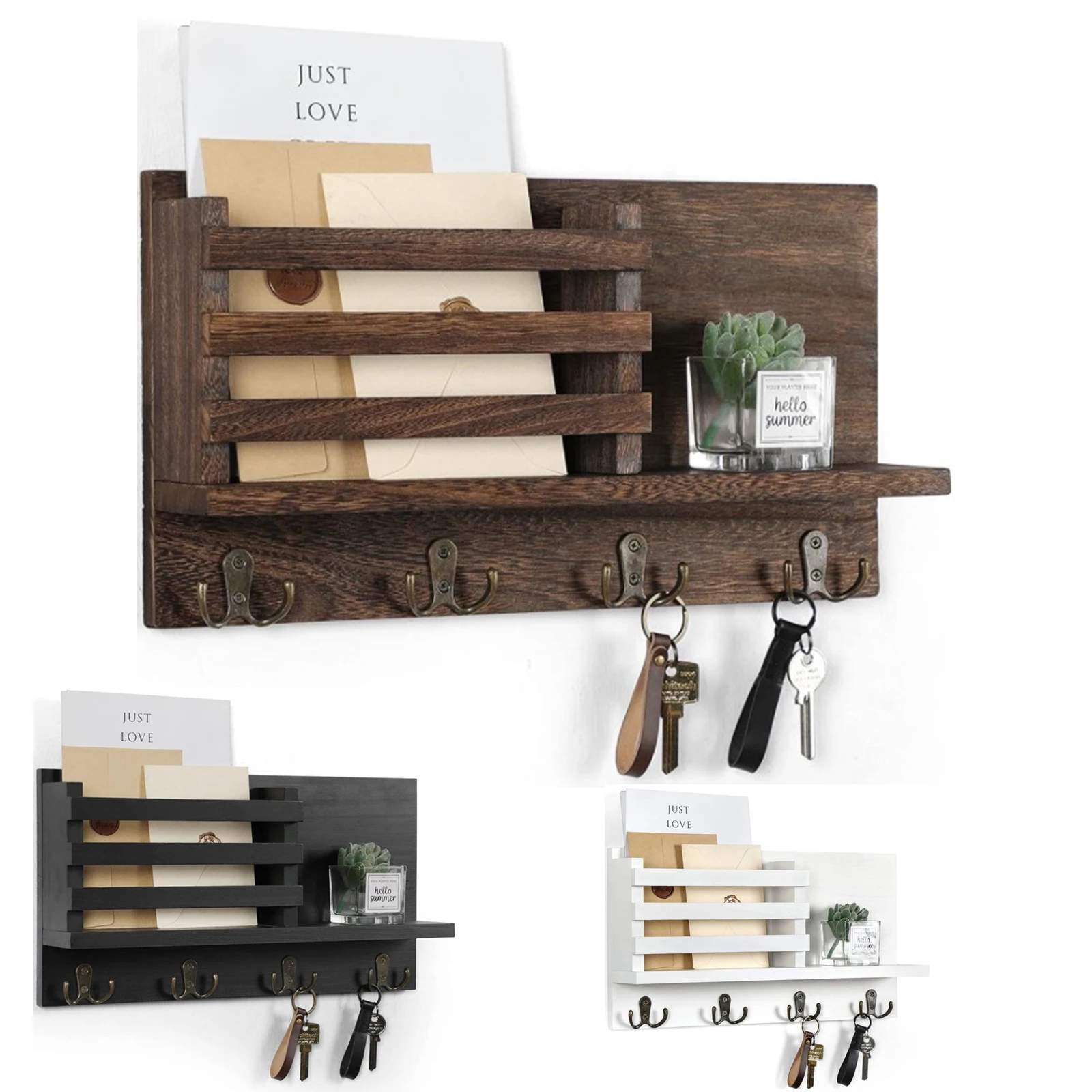 Wooden Key Holder For Wall with 4 Double Hooks Mail Organizer with Shelf Wall Hanging Storage Holder Home Decor For Entryway