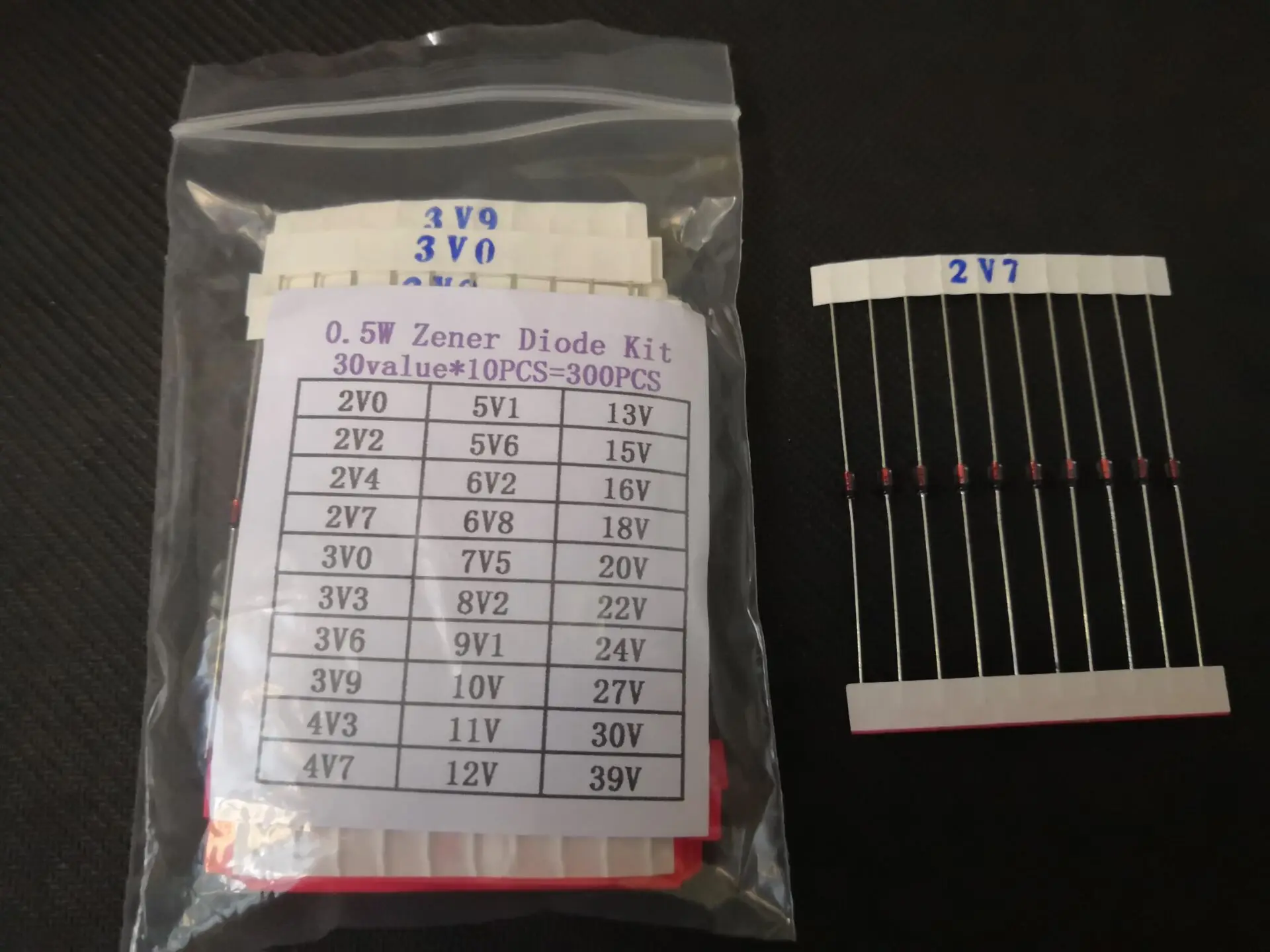 Kit de diodos de 300 W, regulador de voltaje Zener, 0,5 piezas = 30 valores * 10 piezas, 2V ~ 39V, 39V, 30V, 27V, 24V, 22V, 20V, 18V, 16V, 15V, 13V