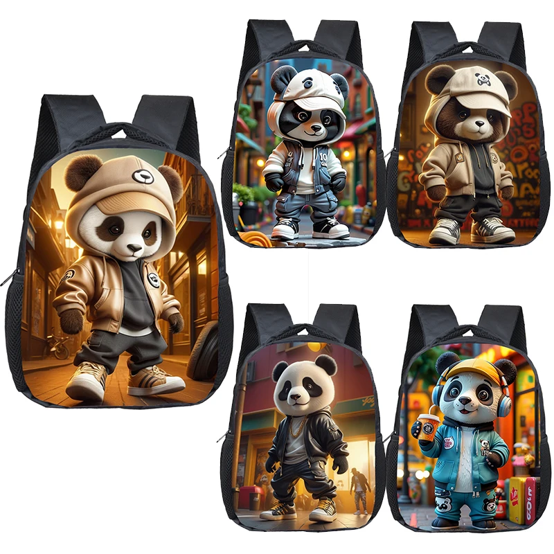 Hip Pop Panda Print Backpack for 2-4 Years Old Kids Cool Panda Drinking Coffee Children School Bags Girl Toddler Bag Gift