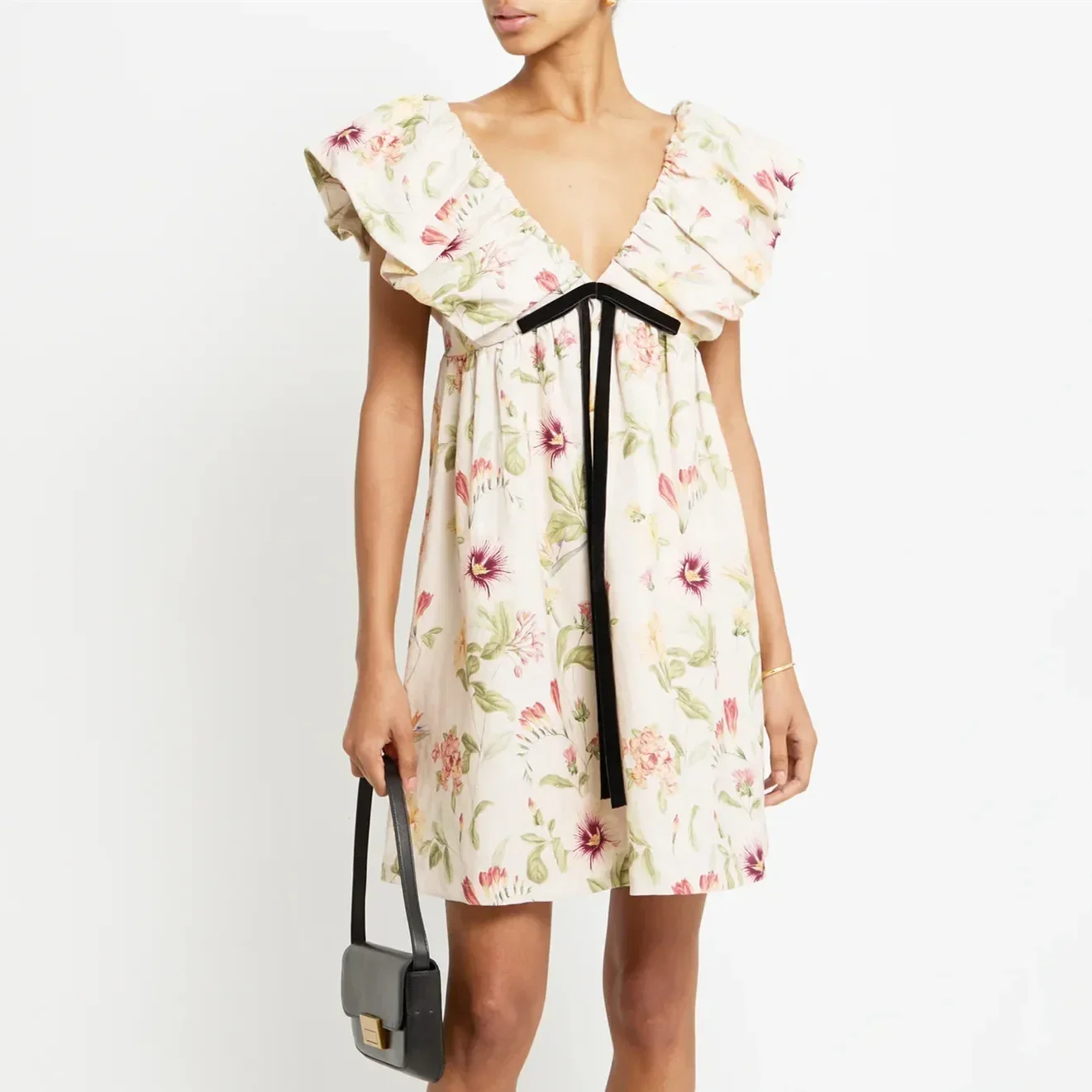 Y2k Vintage Summer Women Floral Print Mini Dress Boho V Neck Puff Sleeve Short Dress Bow Tie Flowy Dress Fashion Beach Sundress
