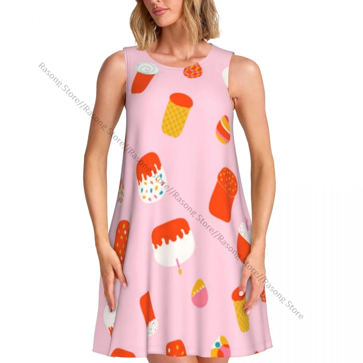 O Neck Sleeveless Above Dress Cakes And Eggs Pattern Women Casual Knee Women's Dress Maxi Dresses