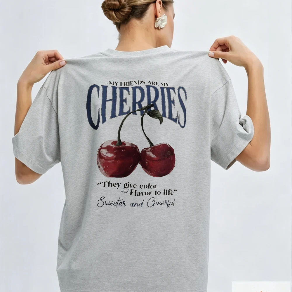 My Friends Are My Cherries Vintage Boxy Women Tee Sweet Fruit Slogan Top Cotton Blouse Best Friend Summer Vacation Gift