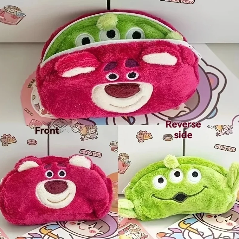 disney Strawberry Bear Three Eyes pencil case, plush, lightweight, reward ,school pencil case,Dual-sided design，funny