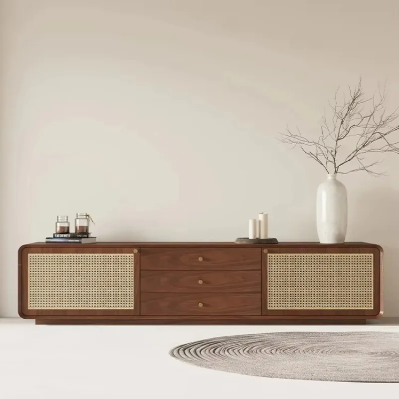Mid-Century Solid Wood TV Cabinet with Rattan Doors Designer Walnut Media Console for Living Room Modern Minimalist Storage Unit