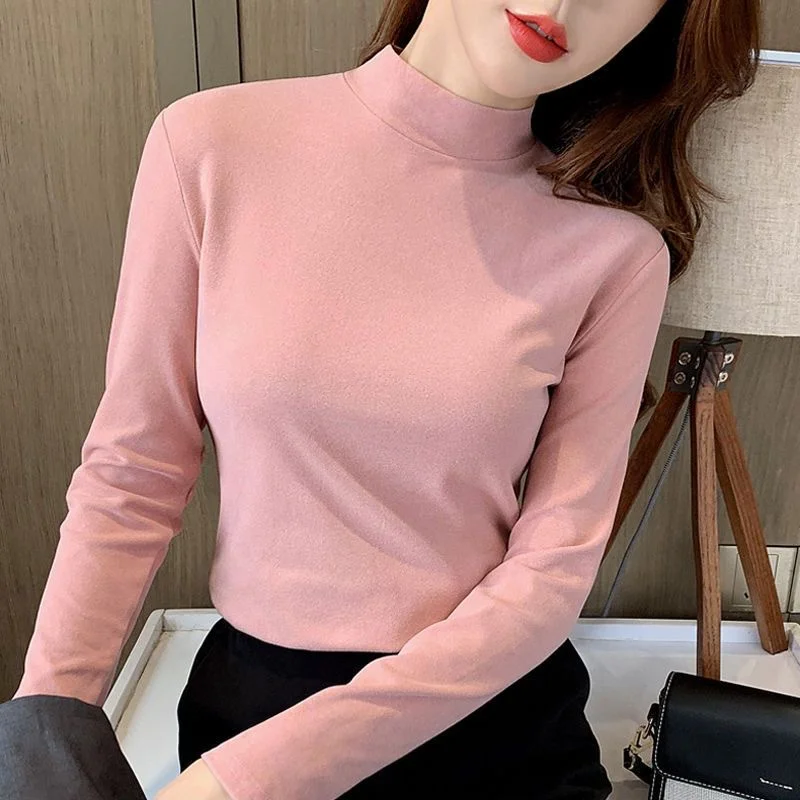 Half-High Collar Velvet Black Base Shirt Women Autumn Winter Thick Double-Sided Velvet Long Sleeve T-Shirt Versatile Top