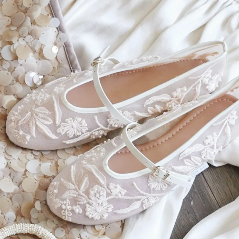 Embroidery Pearl Mesh Ballet Flats Women Fashion Hollow Round Toe Flat Sandals Elegant Comfortable Belt Buckle Mary Jane Shoes image 5