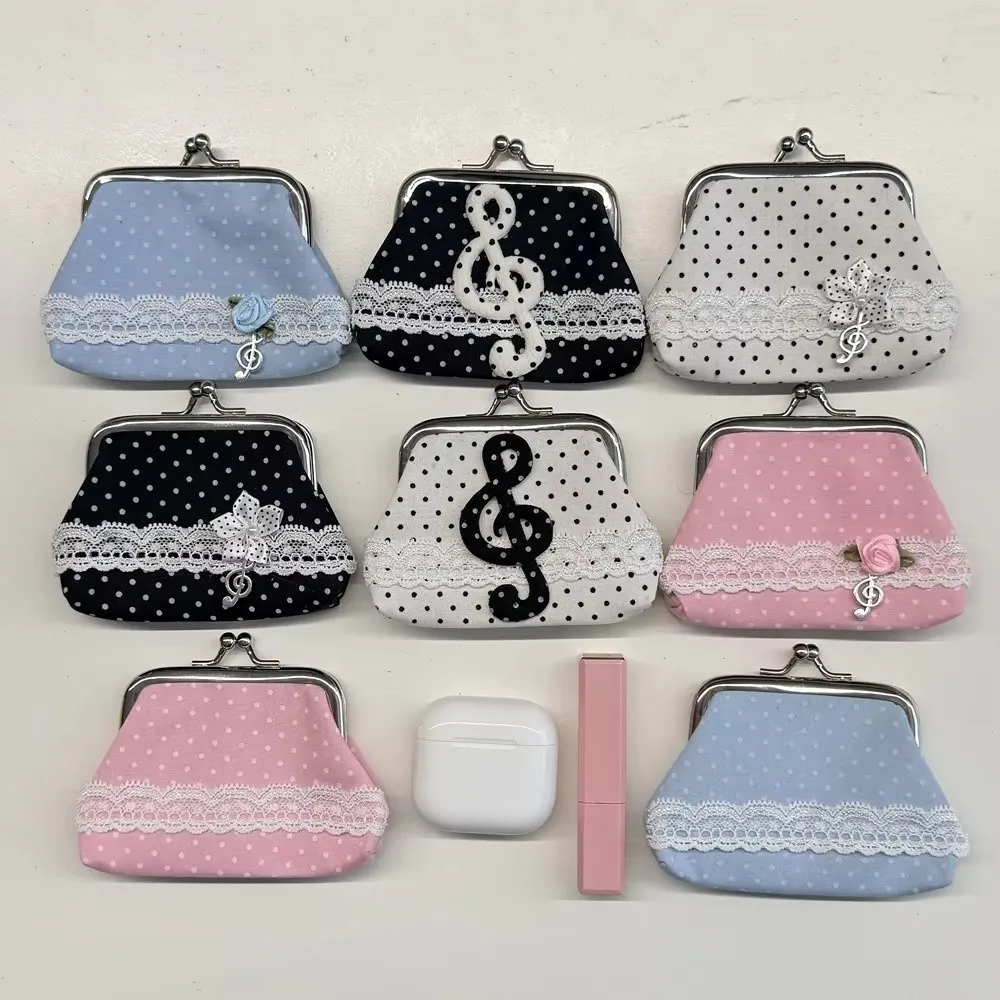 Handmade Lace Coin Purse Rose Pattern Y2k Style Small Wallet Wave Dot Design Vintage Craft Hanging Pendant Bag For Ladies Gift