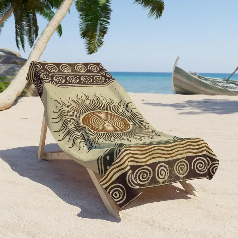 Distressed Hippie Sun Beach Towel Featuring a sun motif with wavy organic rays this design exudes a vintage well worn aesthetic