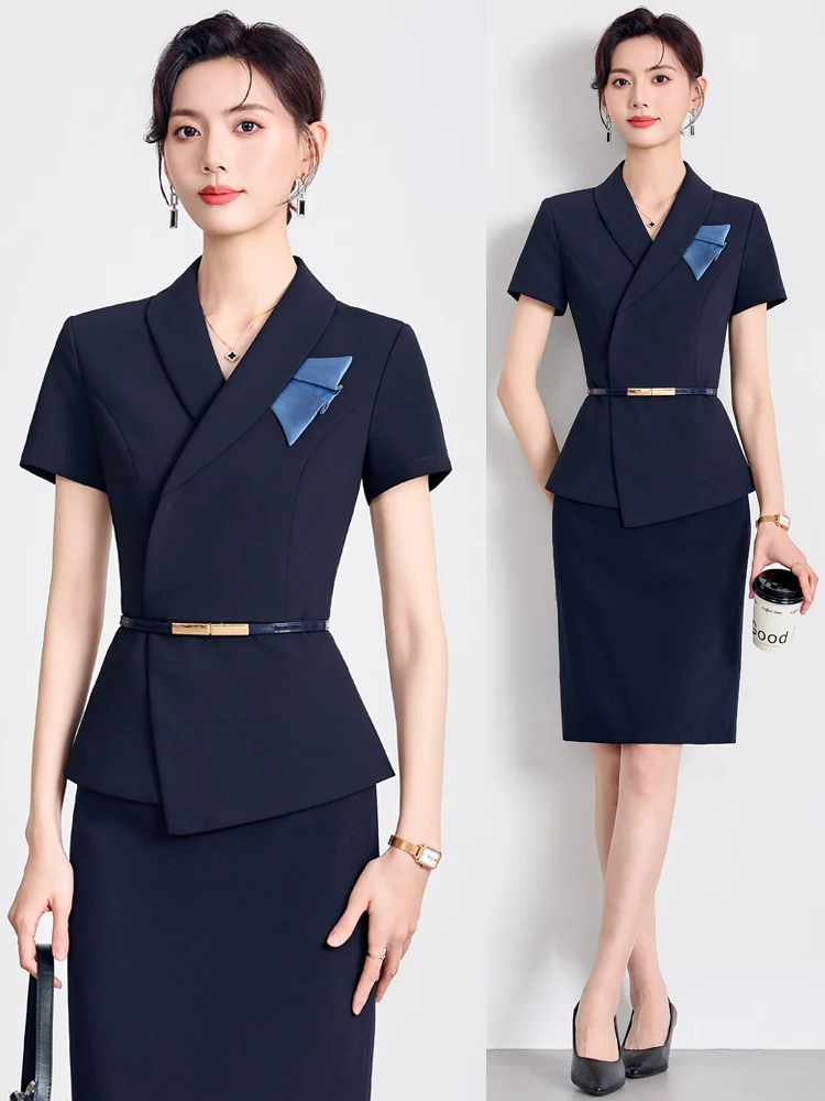 Summer Thin Short Sleeve Suit Set Women's Hotel Manager Work Uniform Polyester Fiber Commute Style Professional Skirt Suit