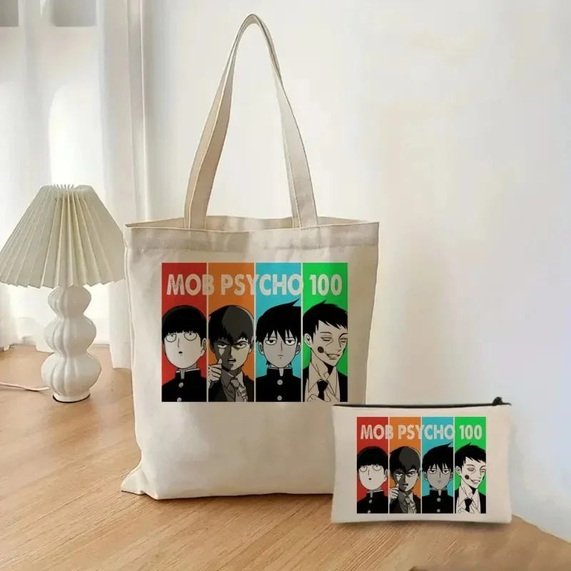 

2pcs Mob Psycho100 Printing Fashion Tote Cosmetic Bag Ladies Shoulder Bag Eco-friendly Large Capacity Shopping Bag School Bag