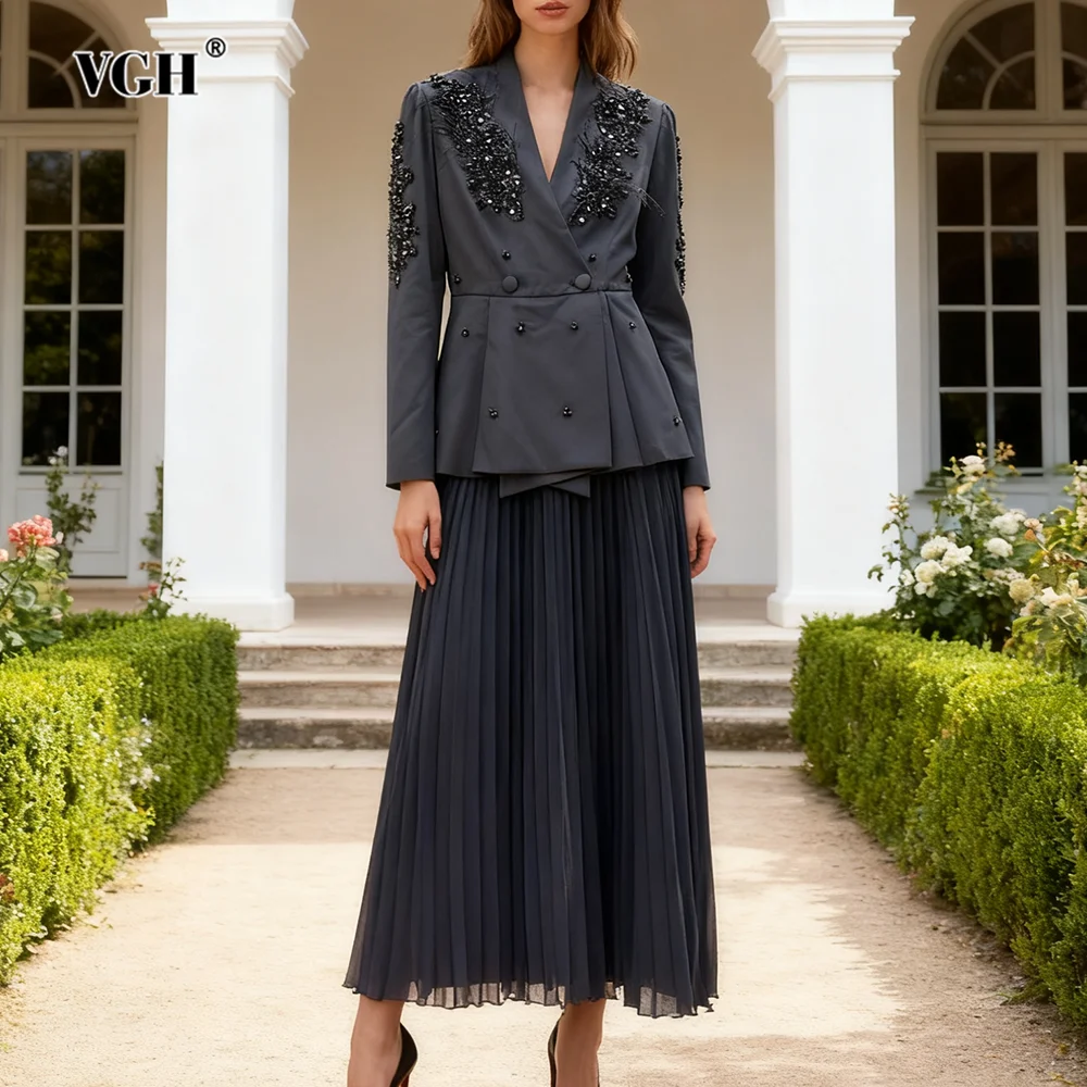 

VGH Elegant Slimming Solid Two Piece Sets For Women V Neck Long Sleeve Spliced Button Top High Waist Skirt Chic Set Female New