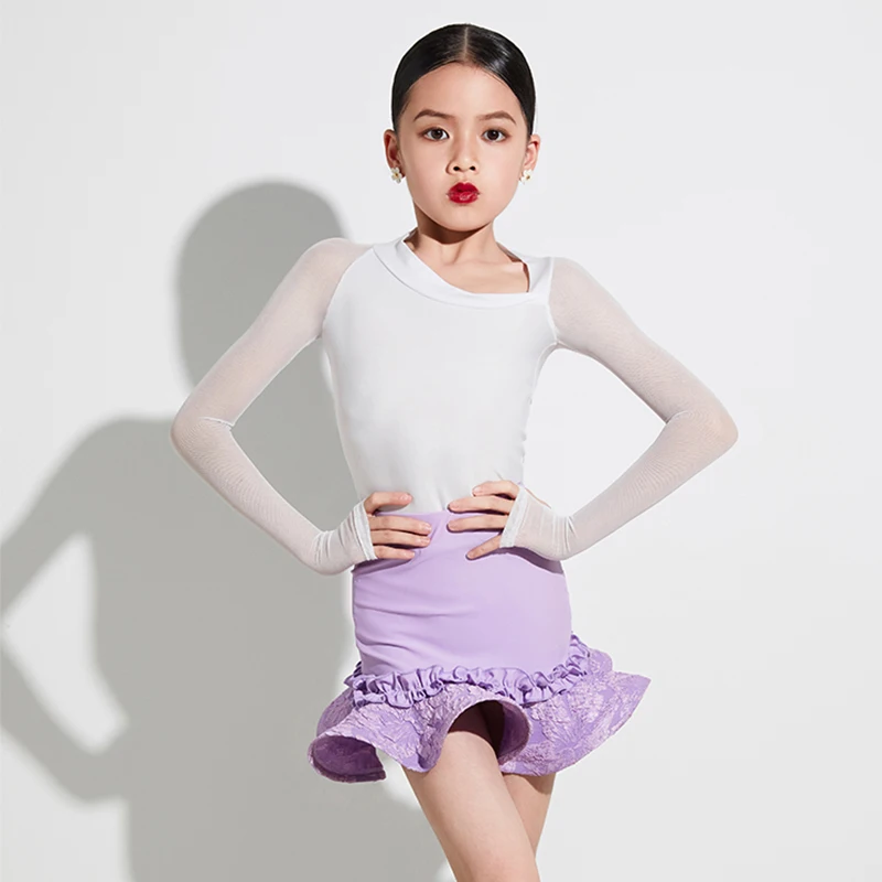 

Girls ChaCha Dance Performance Costume Latin Dance Dresses Long Sleeve Practice Wear Rumba Dancewear Boodysuit Skirt VDB7438