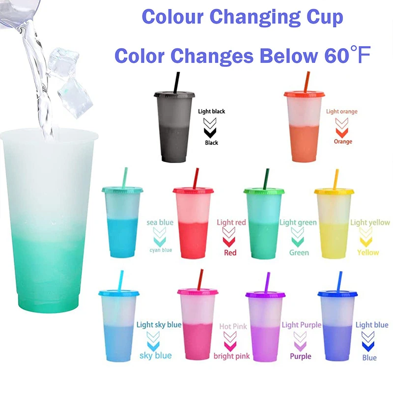 10Pcs 710ml Cups Temperature Sensor Colors Changing Cups With Lids Pp Plastic Straw Cups Reusable Tumblers For Adults 2024