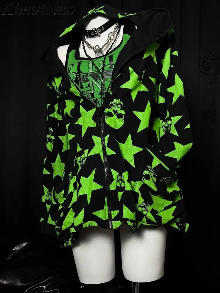

Kimutomo Women Jackets Vintage Skulls Printed Hooded Autumn Fashion Outwear Grunge Gothic Coats Female Y2k Aesthetic Harajuku