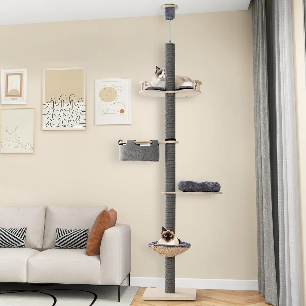 Floor to Ceiling Cat Tree, Tall Cat Tower with Adjustable Height (93-107 Inch) for Large Cats, 5 Tier Cat Climbing Pole