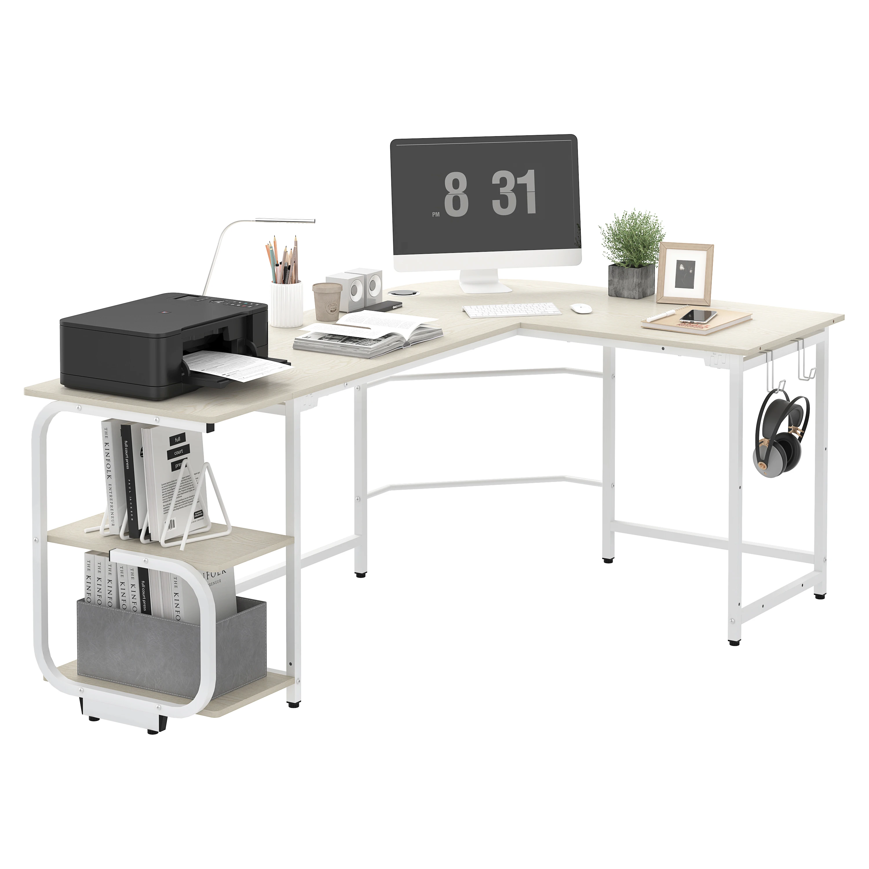 مكتب ألعاب على شكل حرف L مع أرفف تخزين، مكتب كمبيوتر زاوية حديث قابل للعكس على شكل حرف L للمكتب المنزلي، بيج