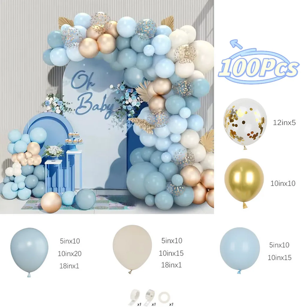 100Pcs Dusty Blue Balloon Garland Arch Kit Sand White Metallic Gold Balloon Baby Shower Bridal Shower Birthday Party Decorations