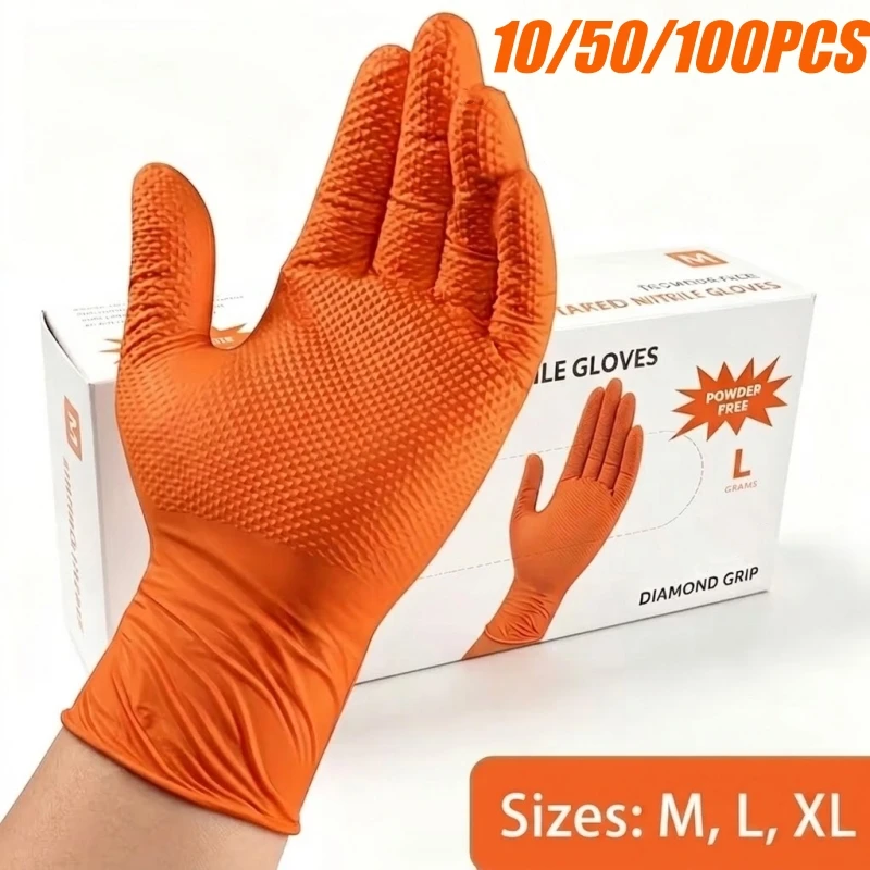 10/50/100 Stück 8Mil Orange Nitril Einweghandschuhe, strapazierfähige Sicherheitshandschuhe mit Diamantstruktur für Frauen, Gartenarbeit, Reinigung und Arbeiten