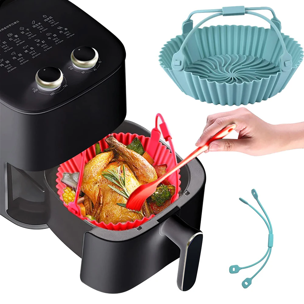 Reusable Circular Air Fryer Silicone Basket with lanyard For 3 to 6 QT Air Fryers Liners Oven Kitchen Accessories Baking Tray