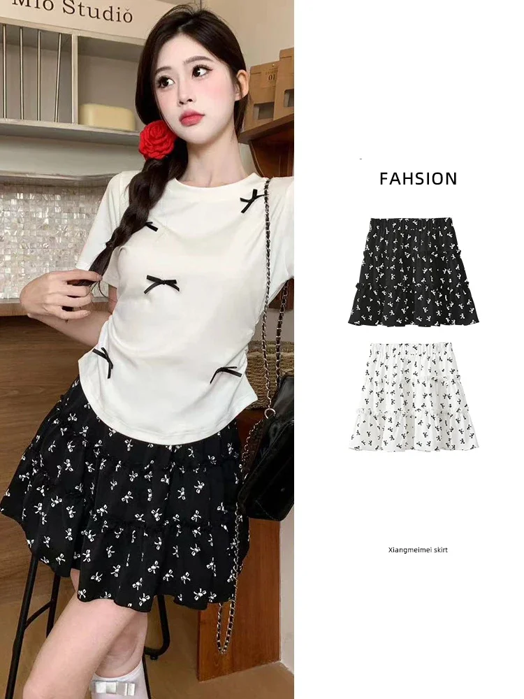 Korean Fashion Black White Bow Print Mini Skirts Girls Casual A-Line Elastic Waist Summer Short Skirt with Shorts Skorts