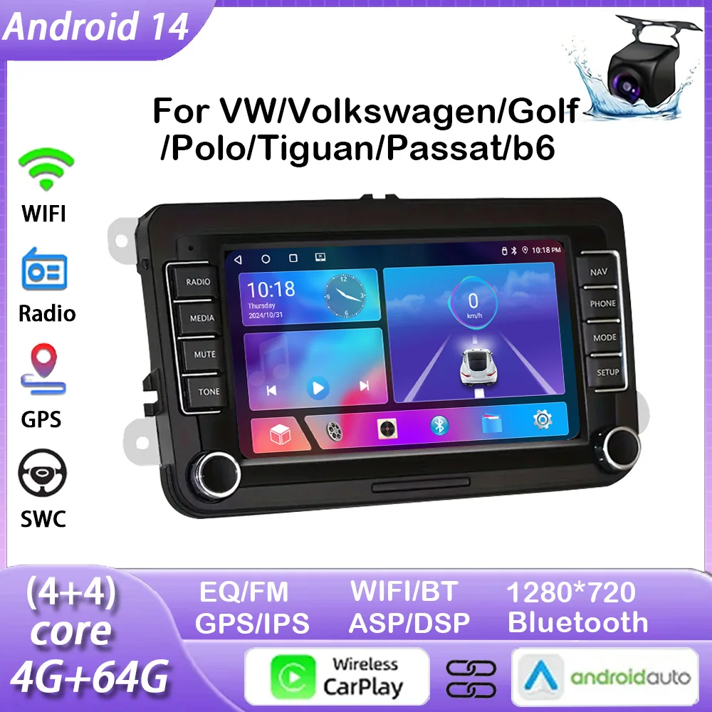 

4+64G 2 Din Android 14 Radio Car Multimedia Player Carplay For VW/Volkswagen/Golf/Polo/Tiguan/Passat/b6/SEAT/leon/Skoda/Octavia