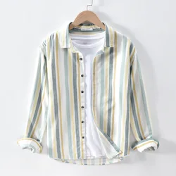 Camisa coreana de linho de algodão masculina listrada, manga longa, roupa casual solta, gola virada para baixo, tops novos, primavera, outono, 2023