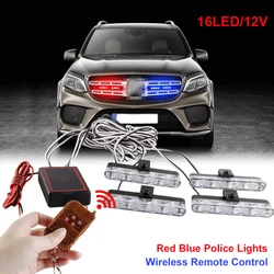 12V Police Lights Red Blue Emergency Strobe Lights 4 In1 Flash Grille Light for SUV Police Car Wireless Remote Control