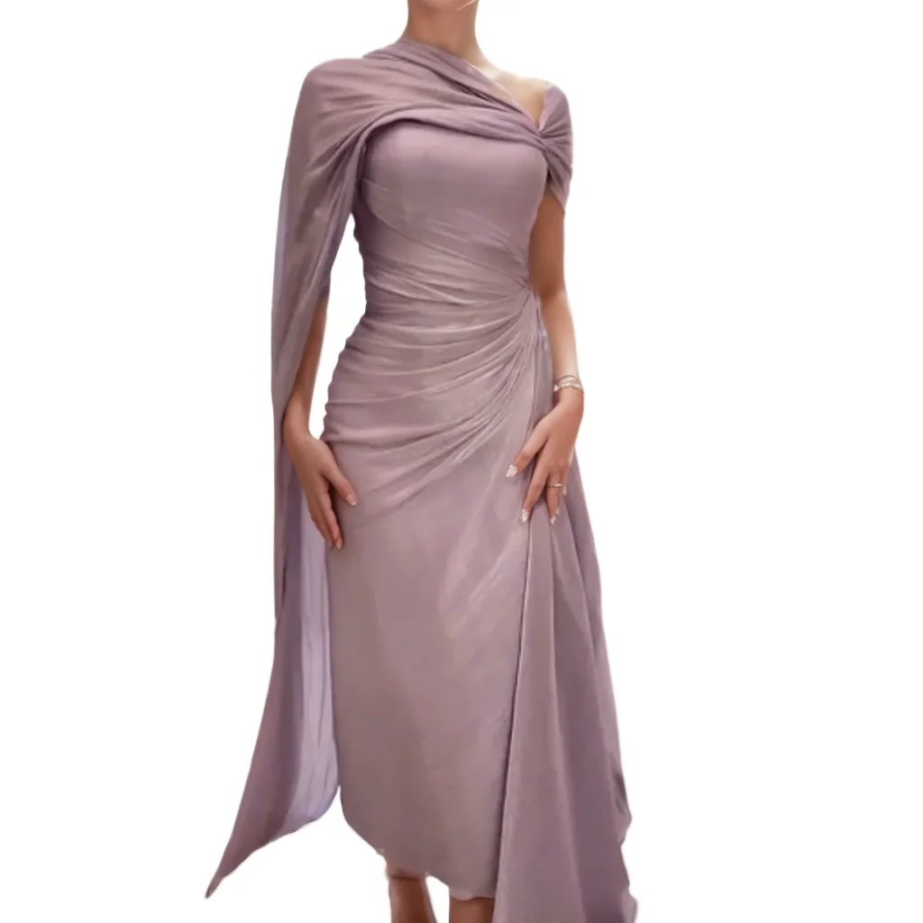 

Chic Ruched Irregular Off Shoulderr Long Formal Evening Dress With Long Flowing Cape