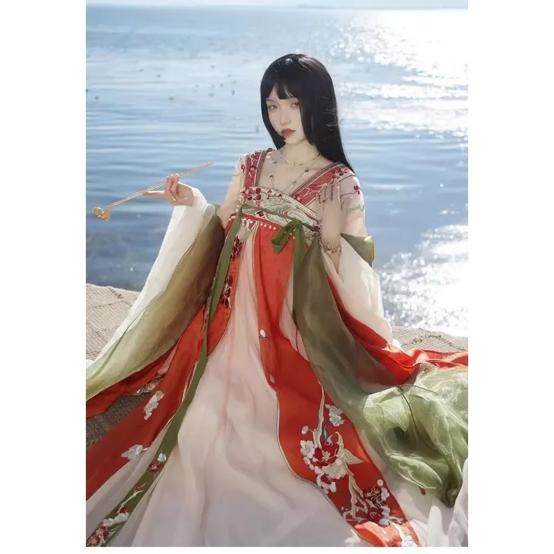 Heavy Industry WeiJin Dynasty Floral Embroidery Pearl Decoration Hanfu Dress Women's Chinese Style Cosplay Party Suit Halloween