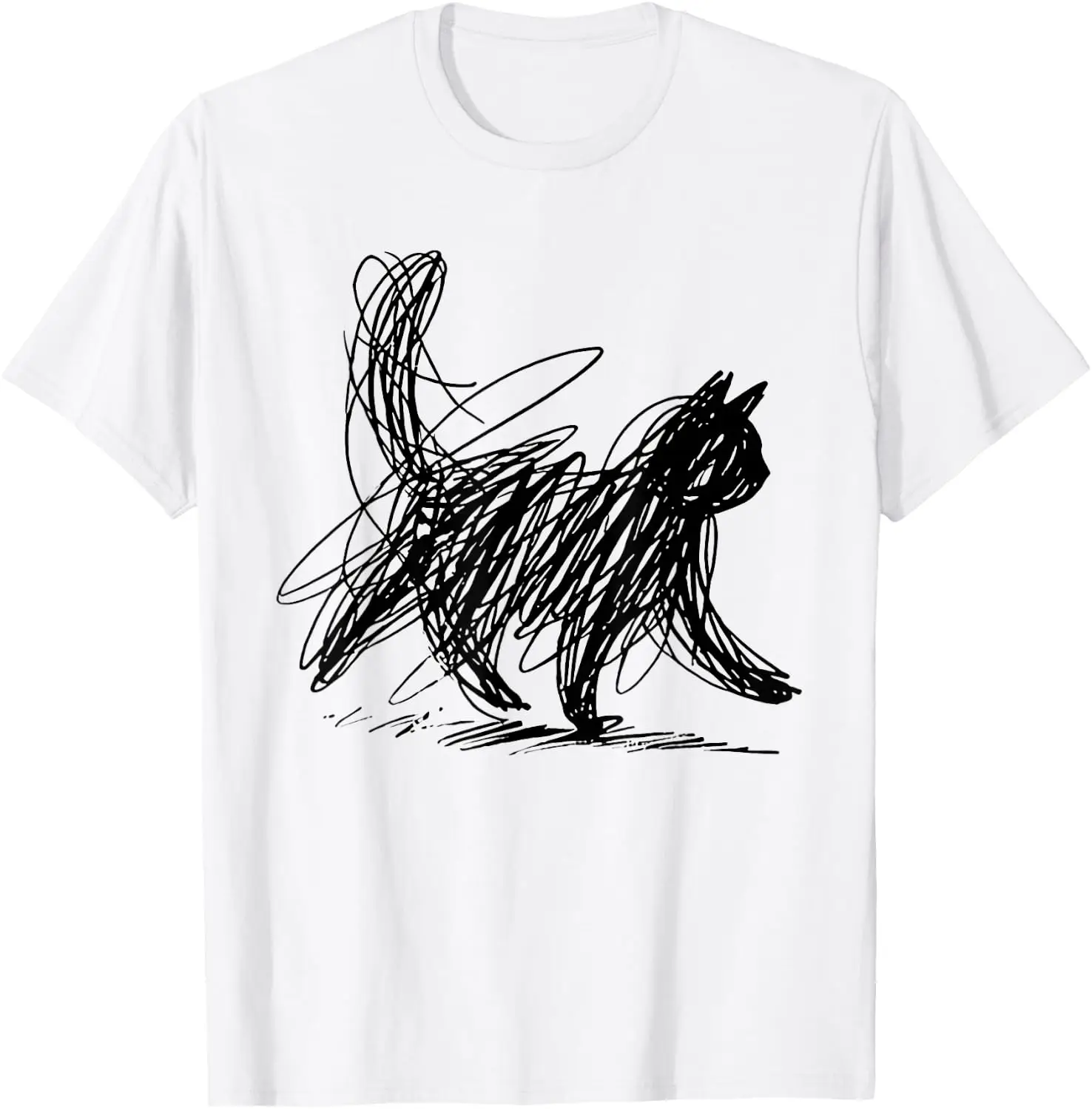 Abstract Scribble Cat T-Shirt Men T Shirt vintage Cat Pattern Graphic Tee, Funny Cat Print Crew Neck Short-Sleeve Top, Casual Daily Wear Men Cotton T-Shirt.