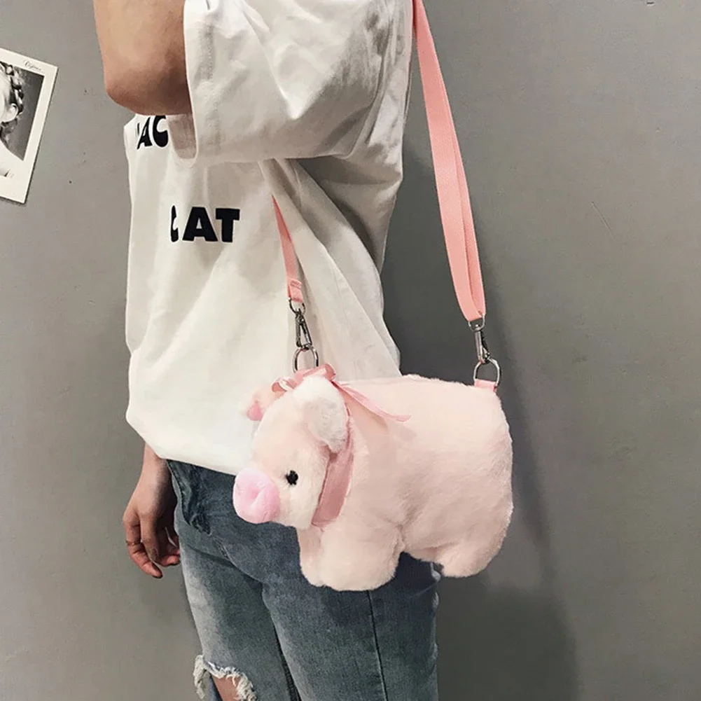 Kawaii Messenger Bags Cute Pink Pig Soft Plush Shoulder Tote Bag Animal Lovely Ribbons Zipper Satchel Pouch for Student Kids