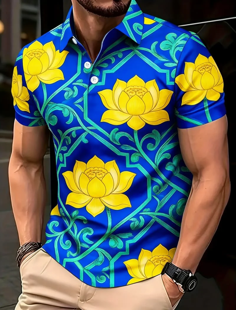 Men's Modern Garden Landscape Print Short Sleeve Polo Shirt Summer Casual Fashion For Daily Wear And Holiday Vacation