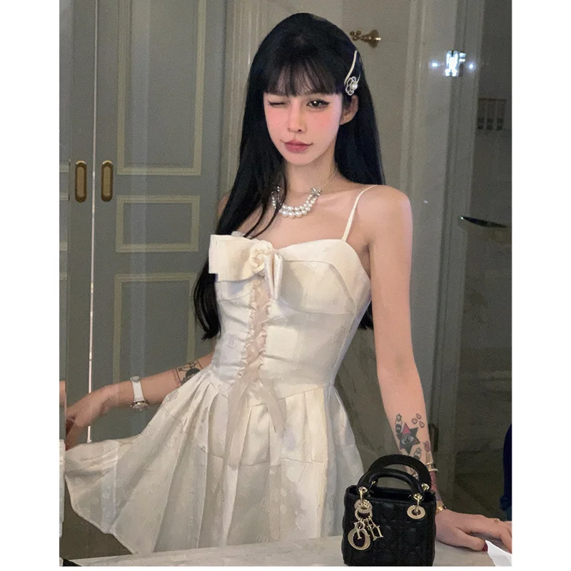 Women\'s Dress Apricot Short Skirt Spring French Fashion Suspender Dress Women\'s Bow Chic Design Ball Gown Camisole Dress White