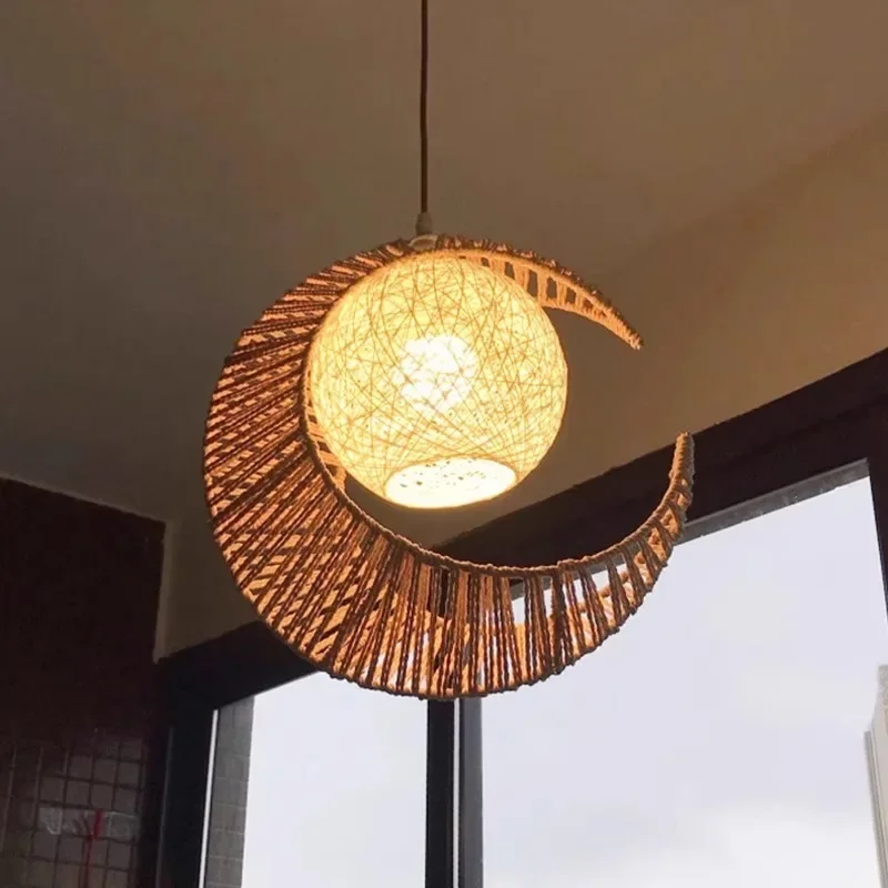 Retro Wabi Sabi Yellow Rattan Hemp Rope Moon Pendant Light Living Room Bedroom Restaurant Bar Handmade Droplight Home Decor Lamp