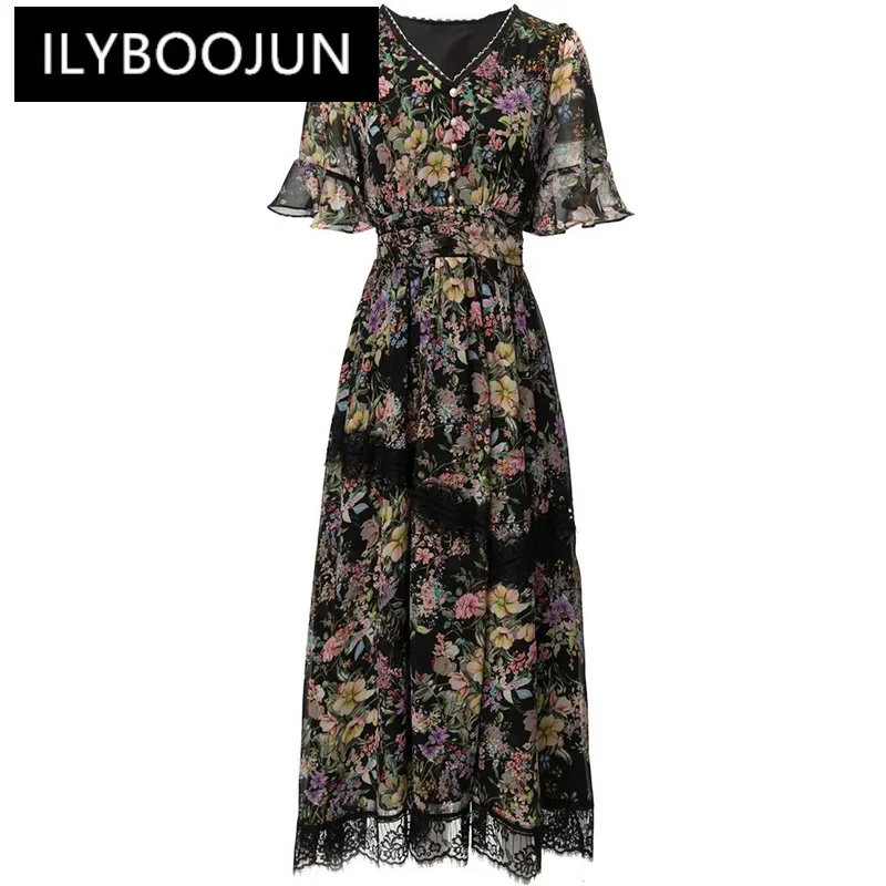 

ILYBOOJUN Fashion Designer Summer Dress Women's V-Neck Flare Sleeve Flower Print Lace Ruffles Vintage Elastic Waist Dresses