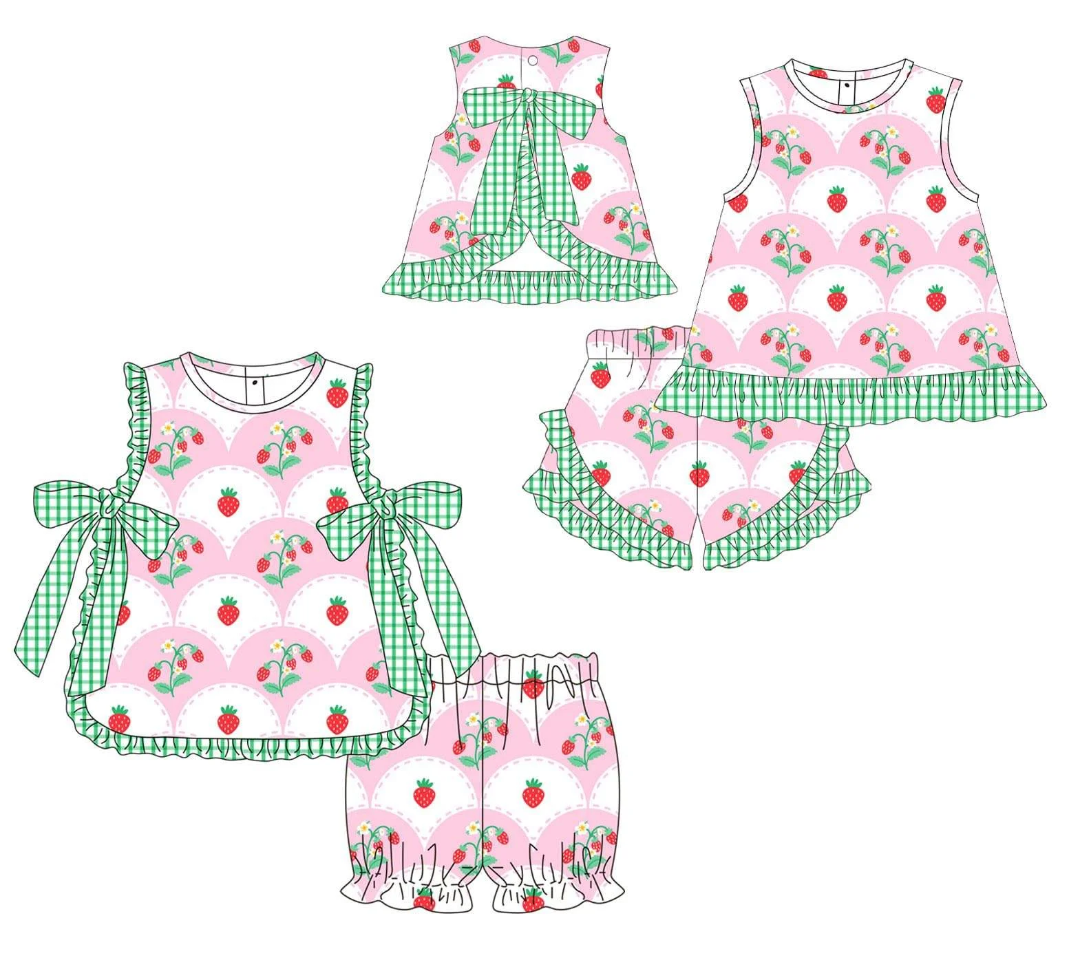 Summer Comfortable 2pc Set for Newborn Baby Girls Soft Strawberry Bows Top with Ruffle Shorts Custom Print