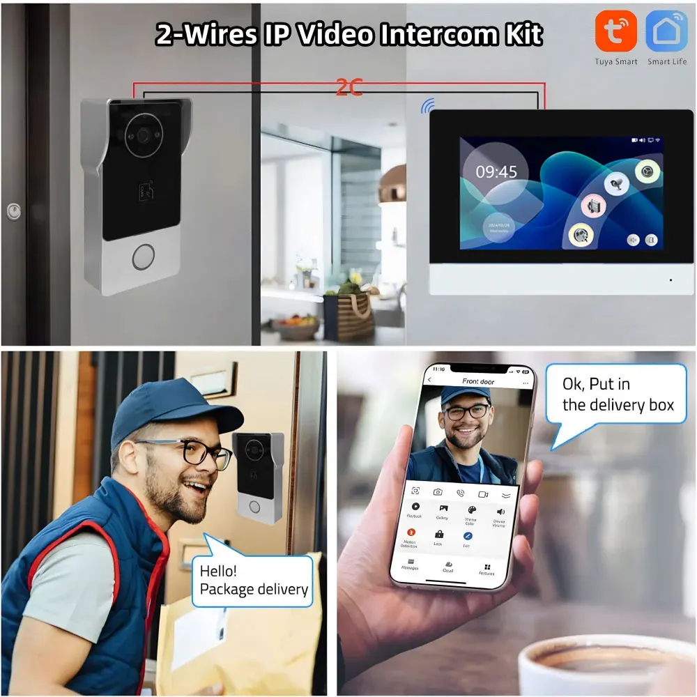 الذكية TUYA 1080P 7 بوصة تعمل باللمس واي فاي جرس باب يتضمن شاشة عرض فيديو 2 سلك فيديو إنترفون 32G بطاقة Rceord عدة كشف الحركة ID Unlcok