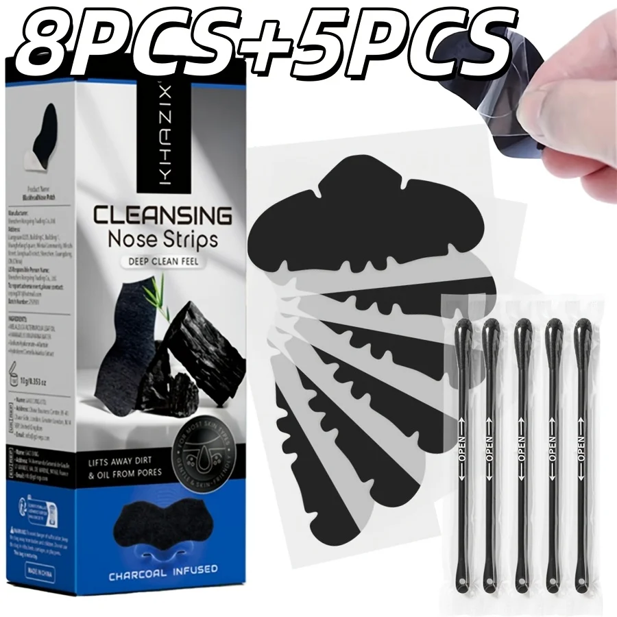 

8 шт. черных гелевых пластырей для носа, глубоко очищающих от черных точек и излишков жира, в комплекте 5 черных ватных палочек для совместного использования.