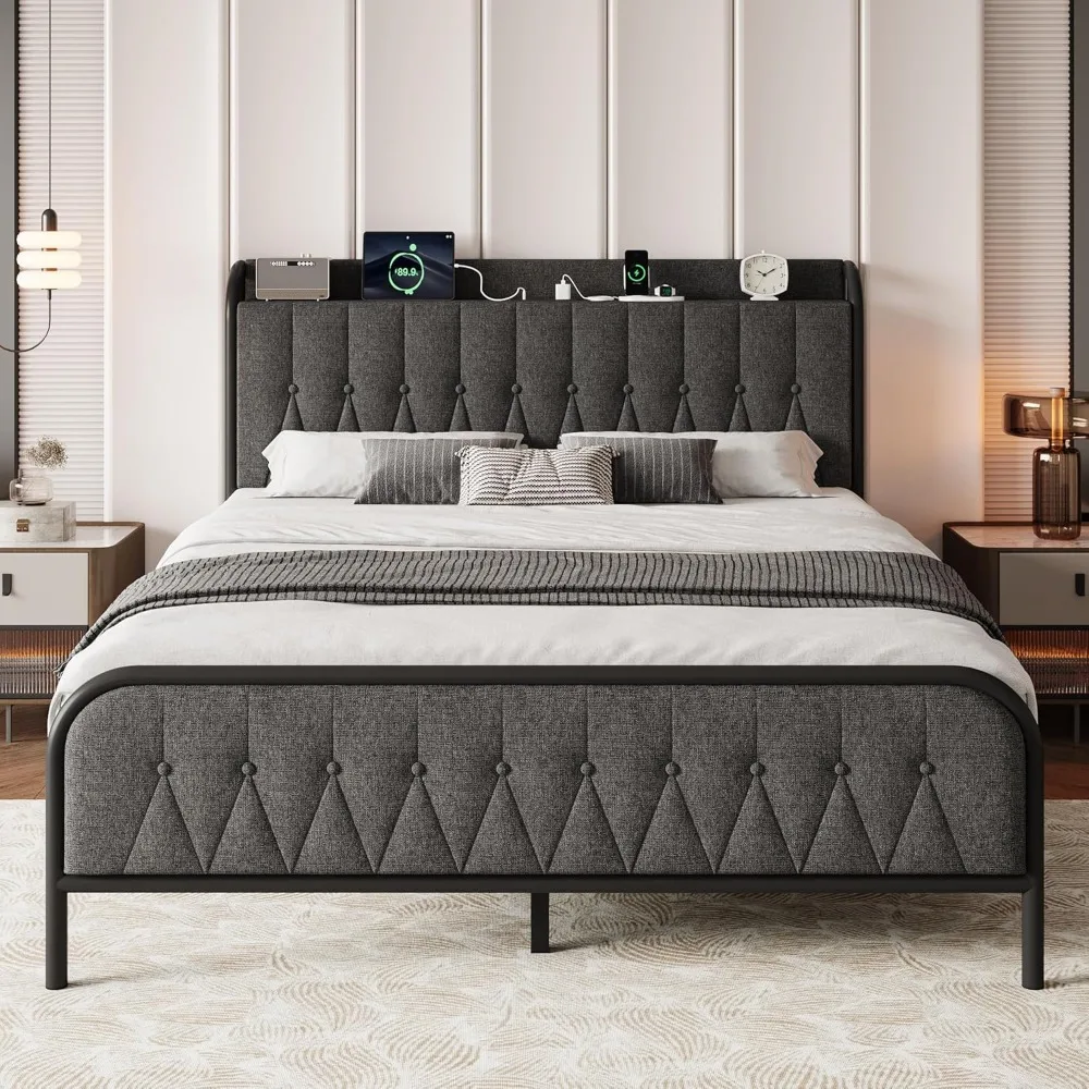 

Full Size Metal Bed Frame with Charging Station,Upholstered Headboard AMD Footboard, Heavy Duty Steel Support,