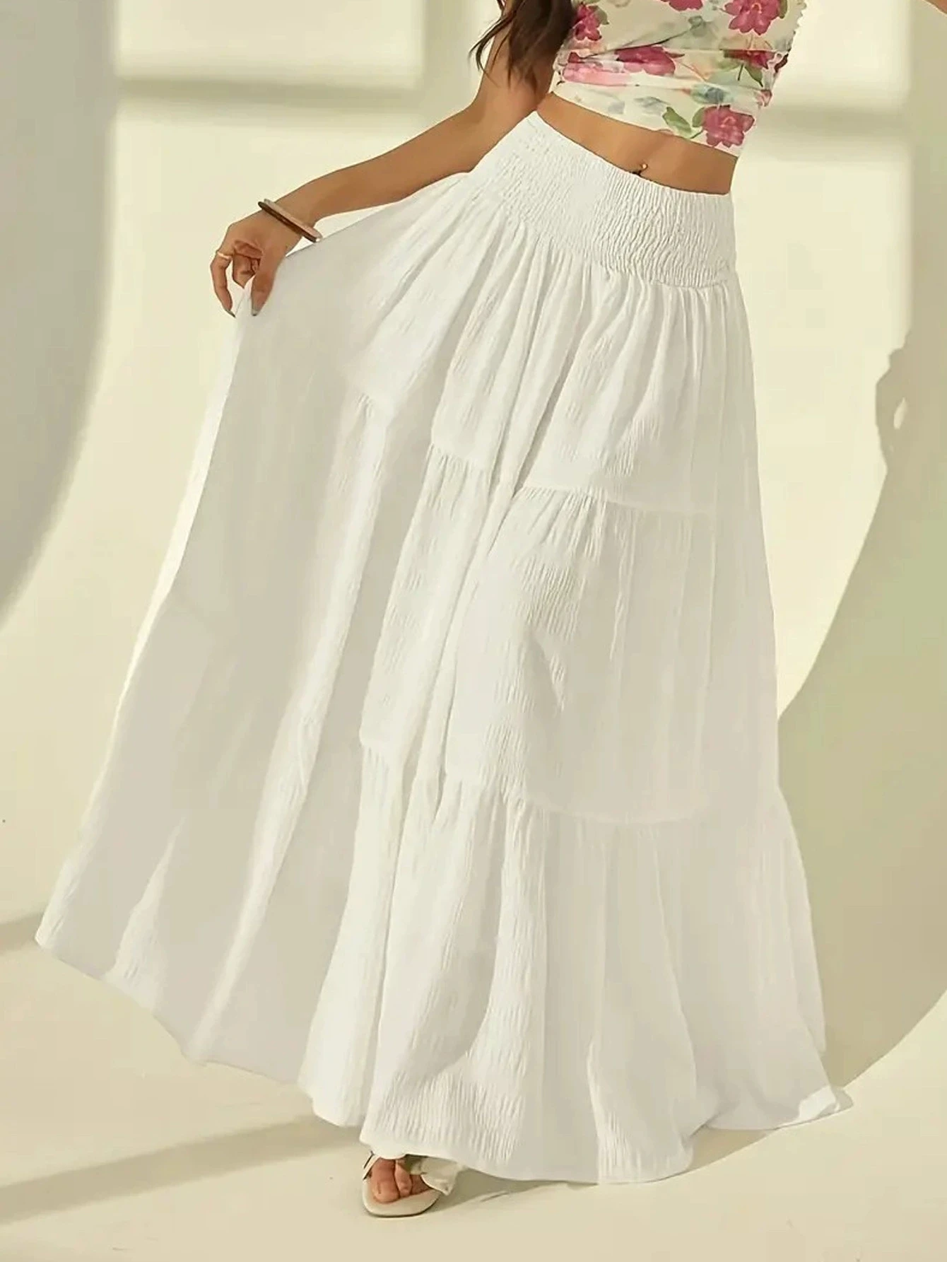 Summer Women White Tiered Maxi Skirt, High Waisted Elastic Waist Pleated Flowy Long Skirt