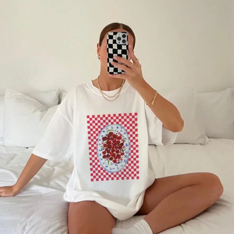 

Cherry Printed Women T-Shirt Summer Cute Fruit Tshirt Cotton Loose Short Sleeve Graphic Tee Female Vintage Aesthetic Fashion Top